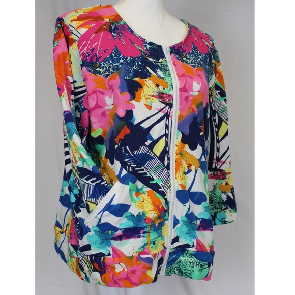 Sportelle PXL Zip Front Jacket Multicolor Floral Rhinestone Zipper Pockets - Picture 2 of 8